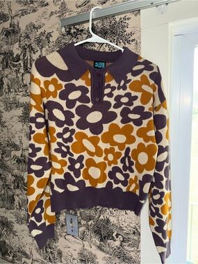 Floral Knit Polo Sweater in Purple, Mustard & Cream